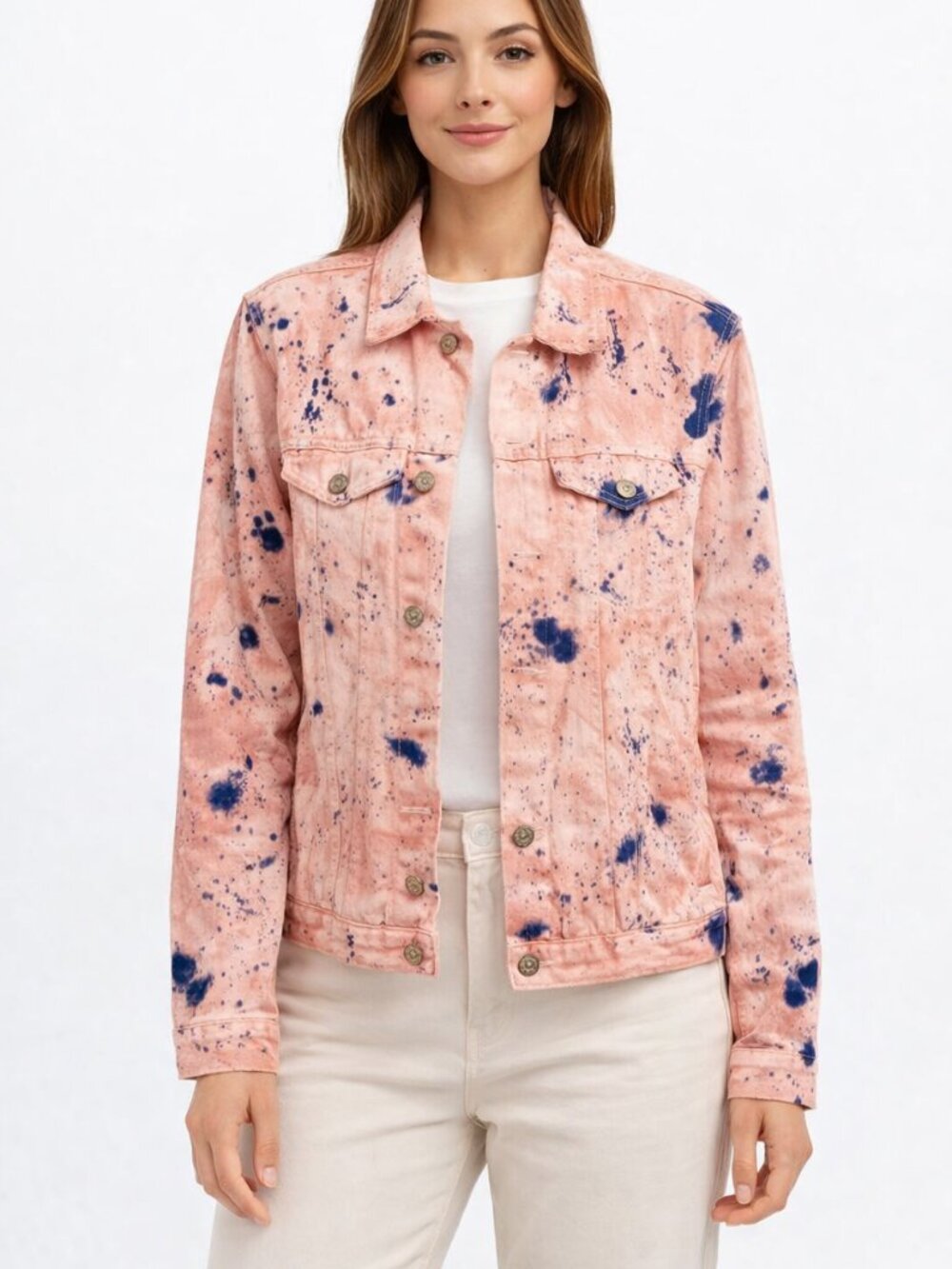 BDG Urban Outfitters – Pink Denim Jacket with Blue Splatter Design